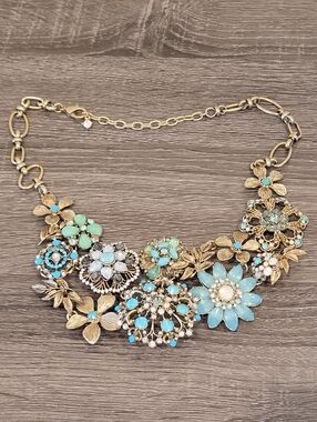 Custom Jewelry Gold-Tone Floral Statement Necklace with Aqua Turquoise Stones